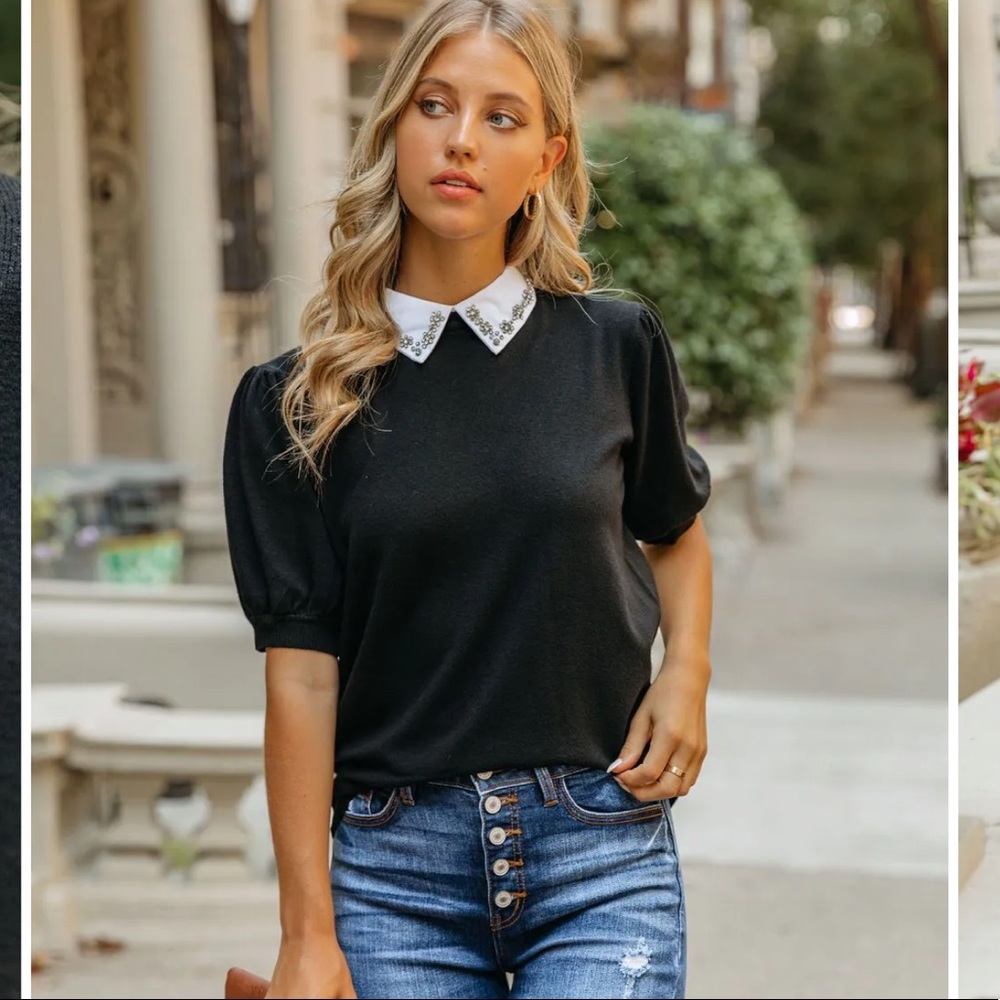 Vici Dolls Fiona Puff Sleeve Embellished Collar Sweater, Black Size Large